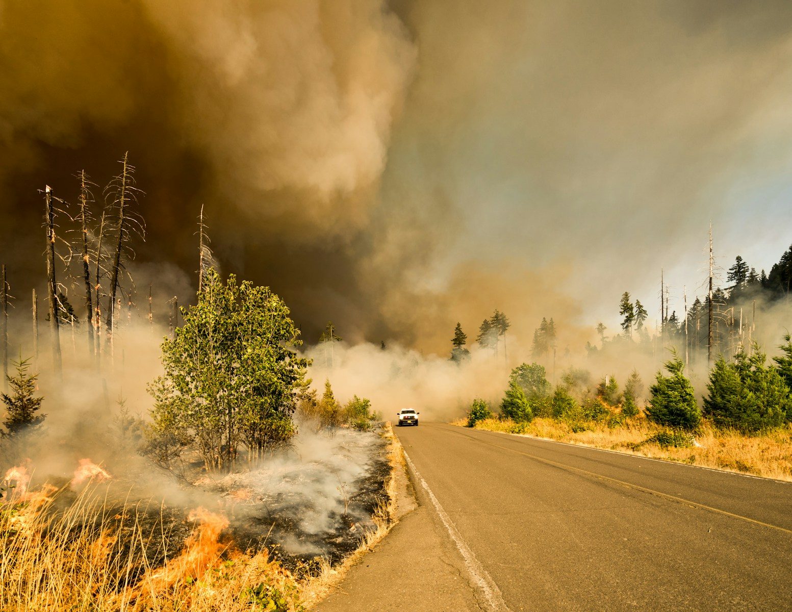 A white pickup truck driving on a road through a forest fire