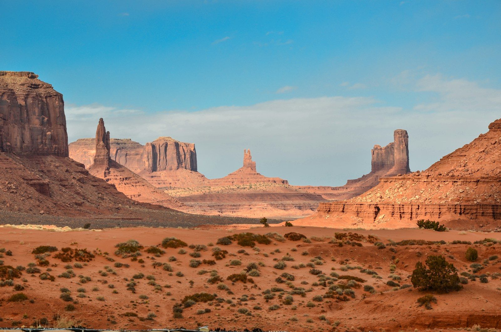 Red sandstone buttes and mesas rising from a desert landscape in Monument Valley